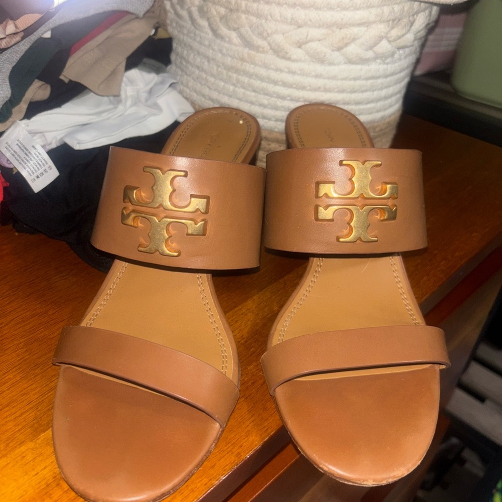 Tory Burch Brown Slide Sandals with Gold Logo